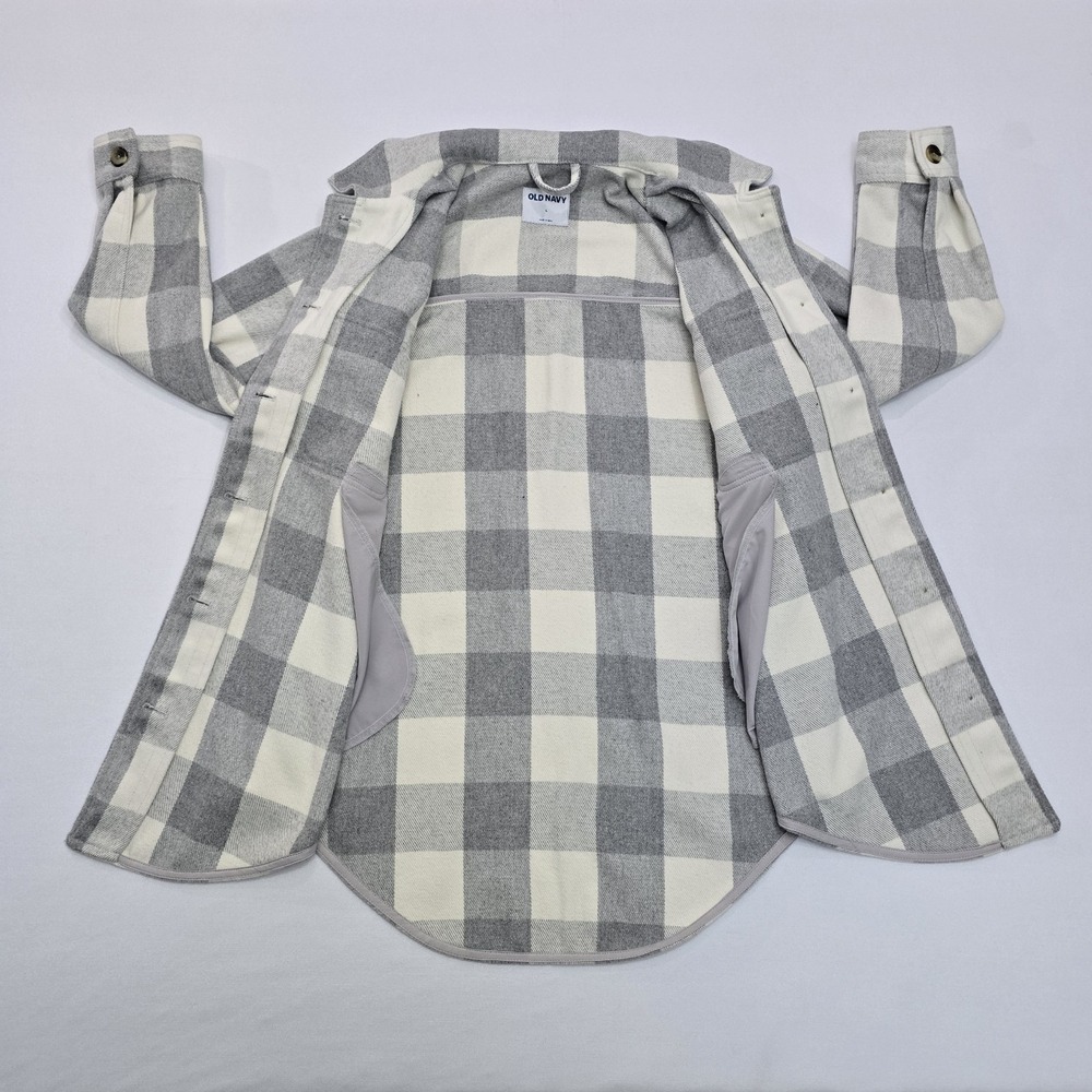 Old Navy Womens Grey White Buffalo Plaid Flannel Shacket Shirt Jacket Large - Picture 5 of 12